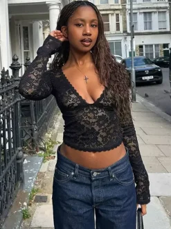Floral Lace Crop Top For Women - Black Sexy V Neck Long Sleeve - Spring Night Out Clubwear 2026