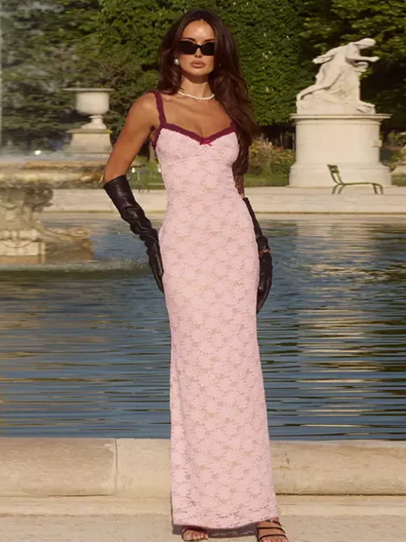 Floral Lace Women's Maxi Dress - Coquette Aesthetic Cami Slip - French Romantic Summer Party Long Gown 2026