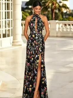 Floral Long Formal Dress Embroidery Tulle Maxi Dress Halter Keyhole Front Open Back High Slit Wedding Guest Gown