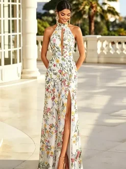 Floral Long Formal Dress Embroidery Tulle Maxi Dress Halter Keyhole Front Open Back High Slit Wedding Guest Gown
