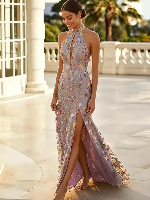 Floral Long Formal Dress Embroidery Tulle Maxi Dress Halter Keyhole Front Open Back High Slit Wedding Guest Gown