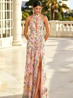 Floral Long Formal Dress Embroidery Tulle Maxi Dress Halter Keyhole Front Open Back High Slit Wedding Guest Gown