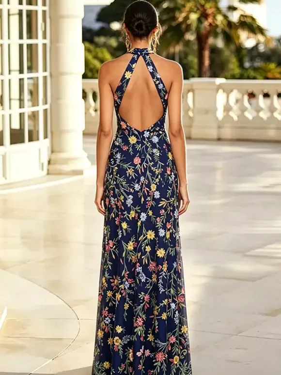 Floral Long Formal Dress Embroidery Tulle Maxi Dress Halter Keyhole Front Open Back High Slit Wedding Guest Gown