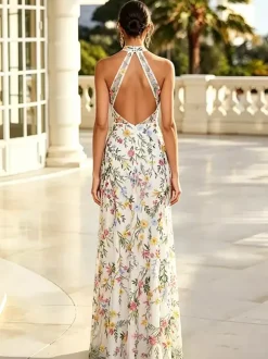 Floral Long Formal Dress Embroidery Tulle Maxi Dress Halter Keyhole Front Open Back High Slit Wedding Guest Gown
