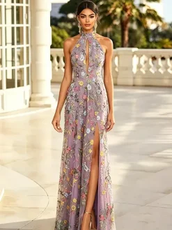 Floral Long Formal Dress Embroidery Tulle Maxi Dress Halter Keyhole Front Open Back High Slit Wedding Guest Gown