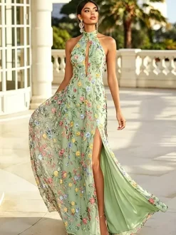 Floral Long Formal Dress Embroidery Tulle Maxi Dress Halter Keyhole Front Open Back High Slit Wedding Guest Gown
