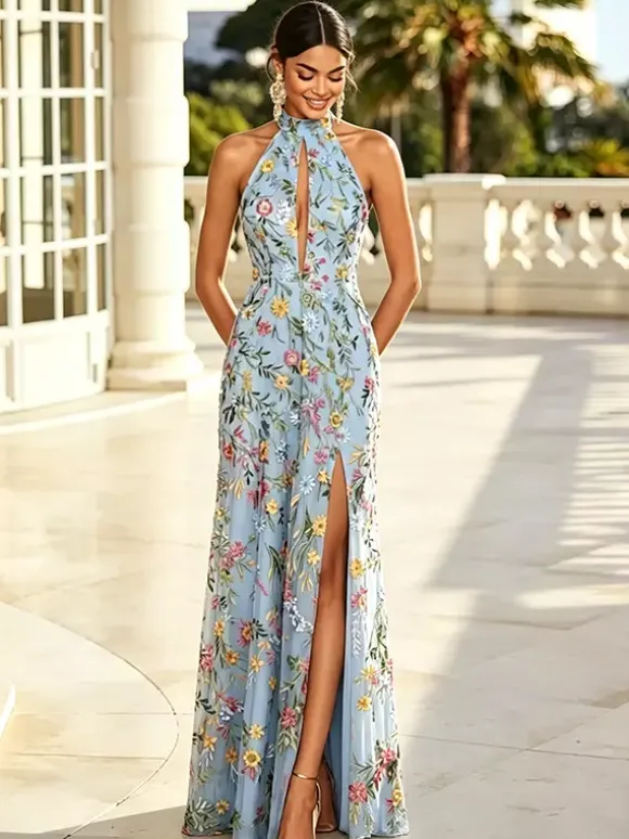 Floral Long Formal Dress Embroidery Tulle Maxi Dress Halter Keyhole Front Open Back High Slit Wedding Guest Gown