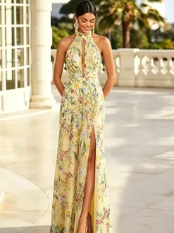 Floral Long Formal Dress Embroidery Tulle Maxi Dress Halter Keyhole Front Open Back High Slit Wedding Guest Gown