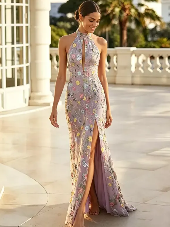 Floral Long Formal Dress Embroidery Tulle Maxi Dress Halter Keyhole Front Open Back High Slit Wedding Guest Gown