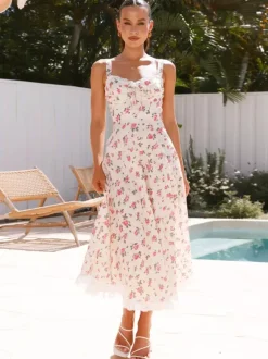 Floral Print Lace Trim Sleeveless Long Dress For Summer 2026