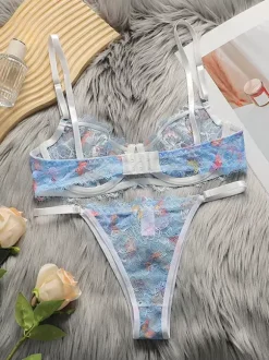 Floral Print Lingerie Chic Light Sky Blue Thong 2-Piece Bra T-back Sets