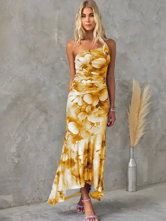 Floral Print One-Shoulder Long Dress For Women 2026