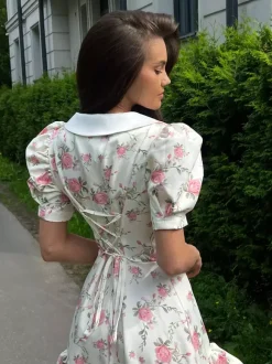 Floral Print Puff Sleeves Mini Dress With Peter Pan Collar And Back Lace-up For Summer 2026