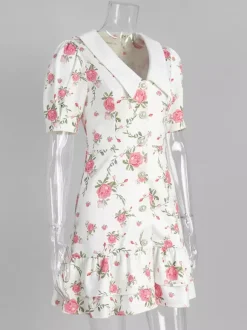 Floral Print Puff Sleeves Mini Dress With Peter Pan Collar And Back Lace-up For Summer 2026
