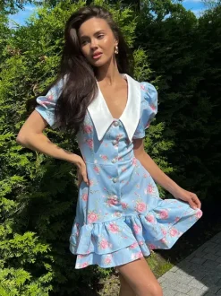 Floral Print Puff Sleeves Mini Dress With Peter Pan Collar And Back Lace-up For Summer 2026