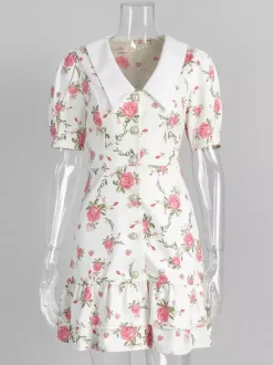 Floral Print Puff Sleeves Mini Dress With Peter Pan Collar And Back Lace-up For Summer 2026