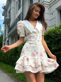 Floral Print Puff Sleeves Mini Dress With Peter Pan Collar And Back Lace-up For Summer 2026