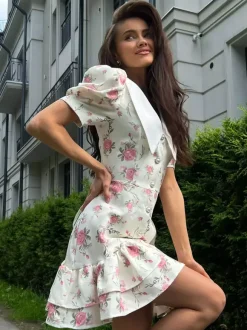Floral Print Puff Sleeves Mini Dress With Peter Pan Collar And Back Lace-up For Summer 2026