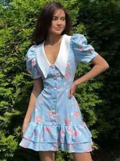 Floral Print Puff Sleeves Mini Dress With Peter Pan Collar And Back Lace-up For Summer 2026
