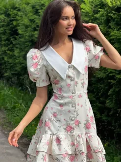 Floral Print Puff Sleeves Mini Dress With Peter Pan Collar And Back Lace-up For Summer 2026