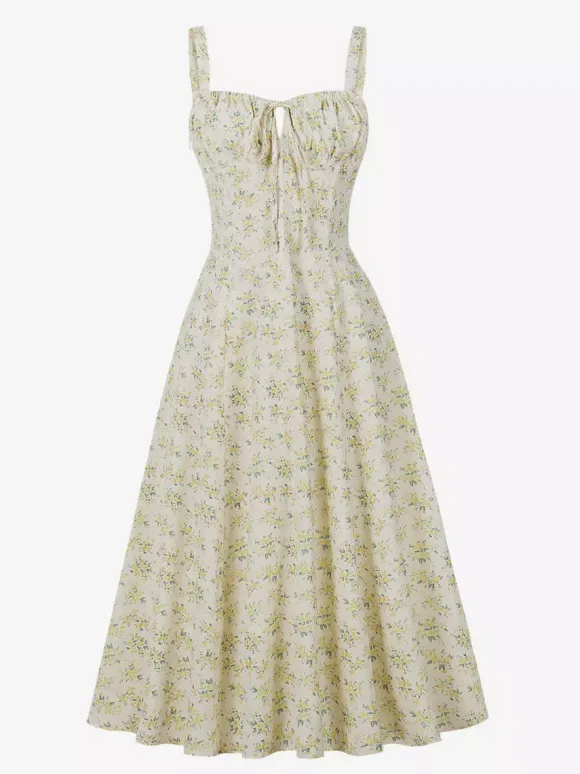 Floral Print Ruched Bust Sleeveless A Line Midi Tea Dress For Women 2026