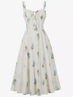 Floral Print Ruched Bust Sleeveless A Line Midi Tea Dress For Women 2026
