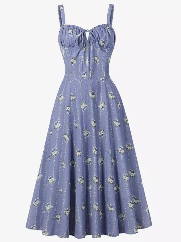Floral Print Ruched Bust Sleeveless A Line Midi Tea Dress For Women 2026