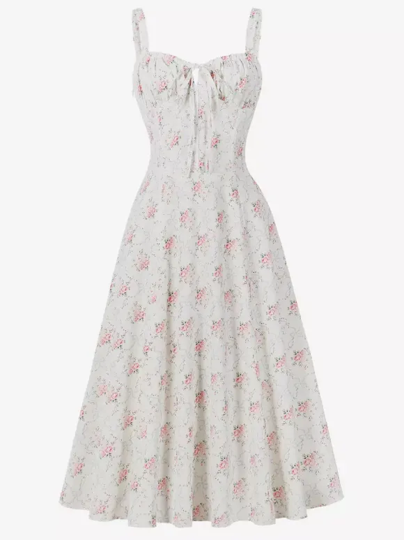Floral Print Ruched Bust Sleeveless A Line Midi Tea Dress For Women 2026