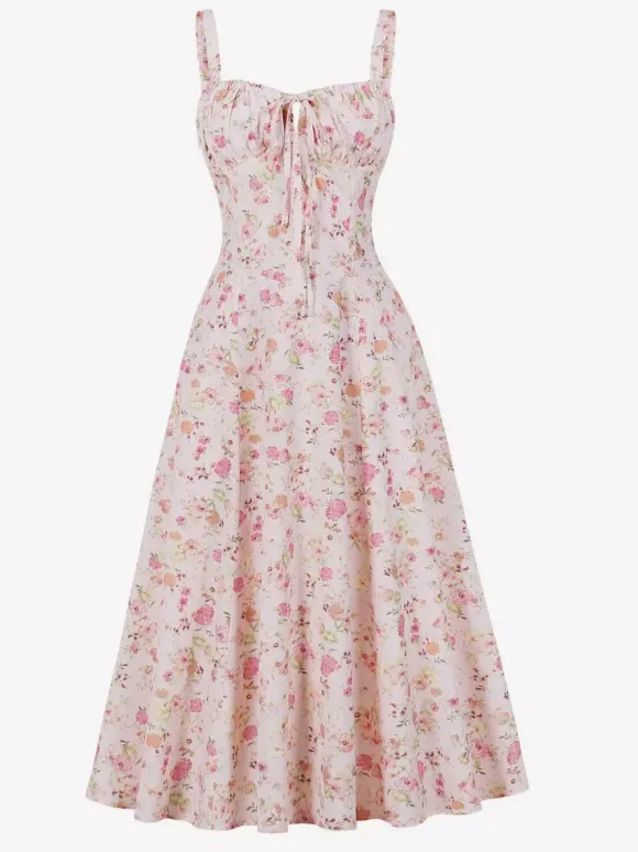 Floral Print Ruched Bust Sleeveless A Line Midi Tea Dress For Women 2026
