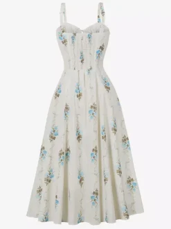 Floral Print Ruched Bust Sleeveless A Line Midi Tea Dress For Women 2026