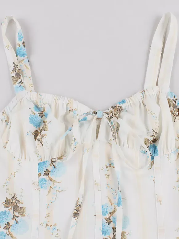 Floral Print Ruched Bust Sleeveless A Line Midi Tea Dress For Women 2026