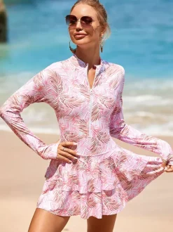 Floral Print Skirted Two Piece Long Sleeve Rash Guard