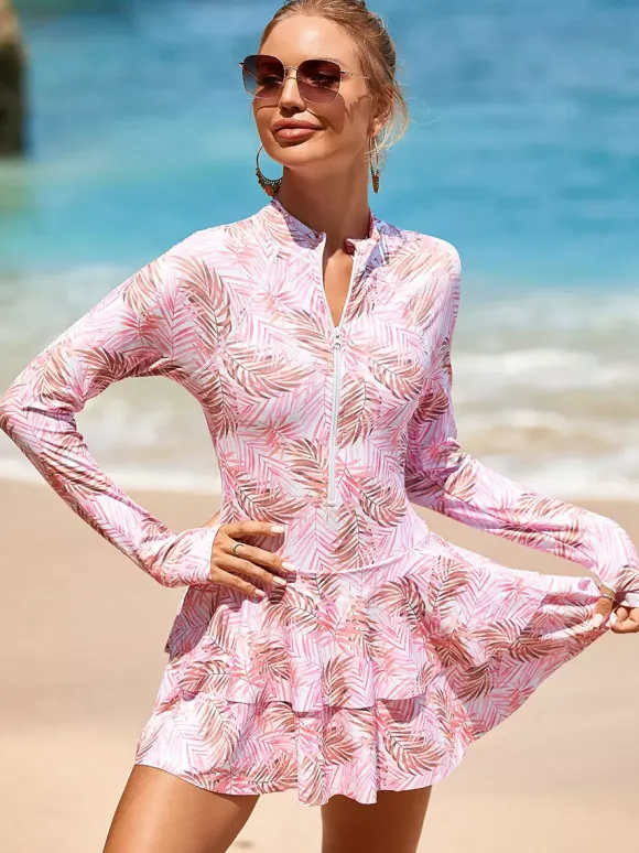 Floral Print Skirted Two Piece Long Sleeve Rash Guard
