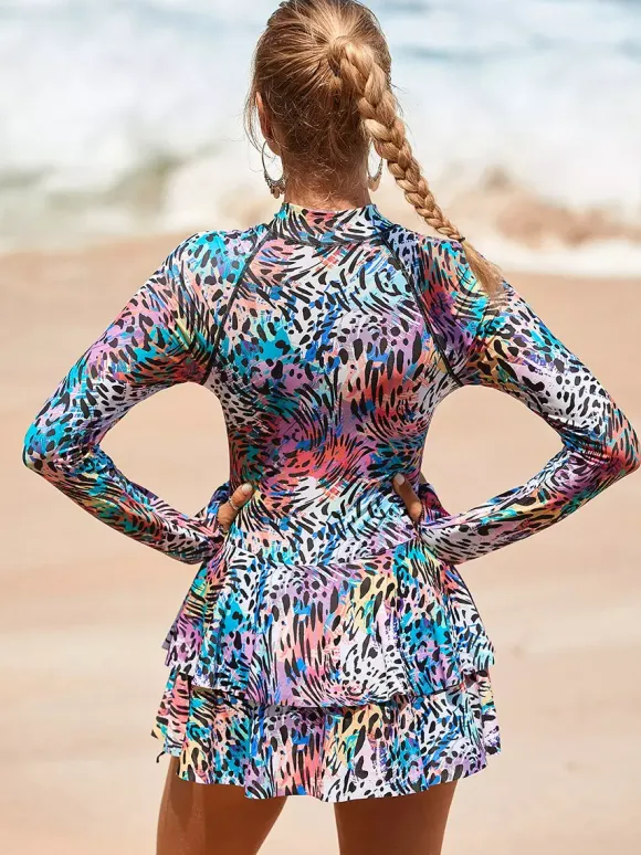 Floral Print Skirted Two Piece Long Sleeve Rash Guard