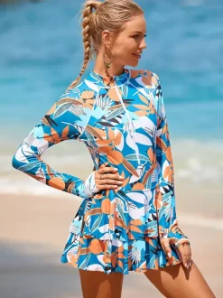 Floral Print Skirted Two Piece Long Sleeve Rash Guard