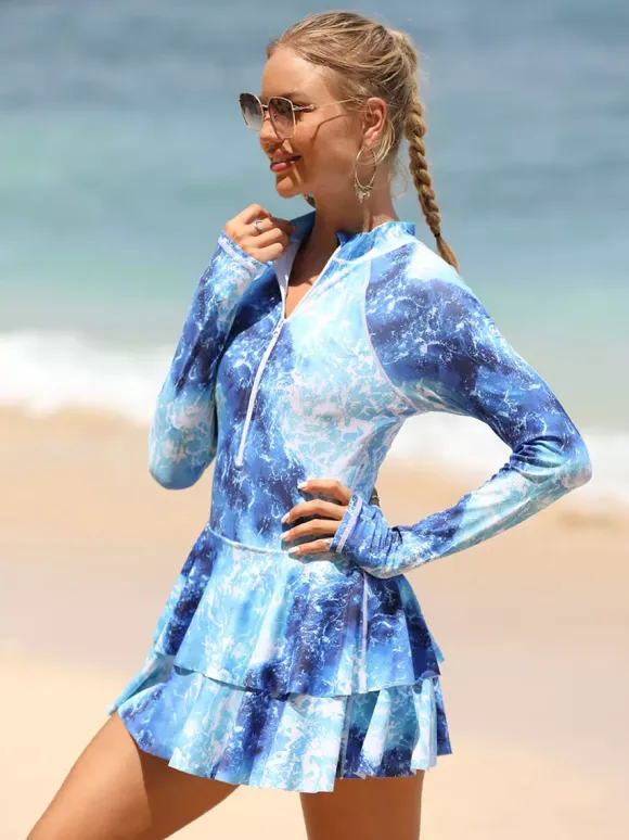 Floral Print Skirted Two Piece Long Sleeve Rash Guard