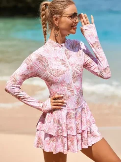 Floral Print Skirted Two Piece Long Sleeve Rash Guard