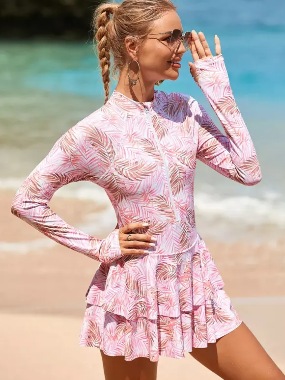 Floral Print Skirted Two Piece Long Sleeve Rash Guard