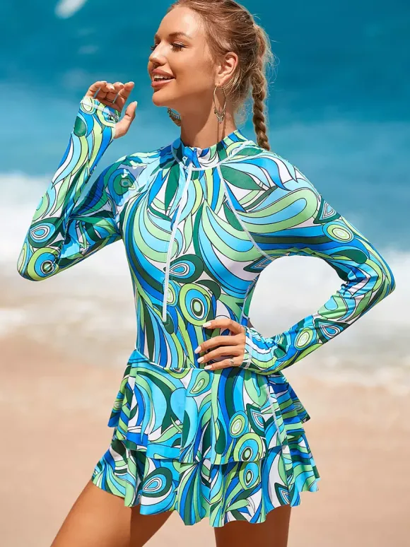 Floral Print Skirted Two Piece Long Sleeve Rash Guard