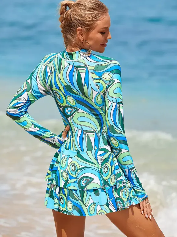 Floral Print Skirted Two Piece Long Sleeve Rash Guard