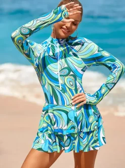 Floral Print Skirted Two Piece Long Sleeve Rash Guard