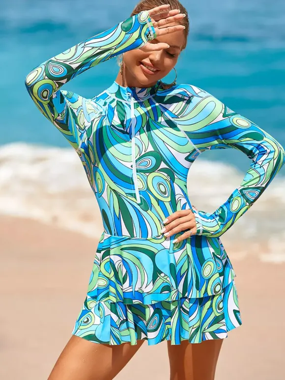 Floral Print Skirted Two Piece Long Sleeve Rash Guard
