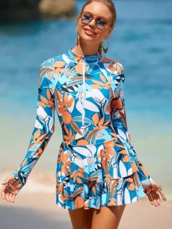 Floral Print Skirted Two Piece Long Sleeve Rash Guard
