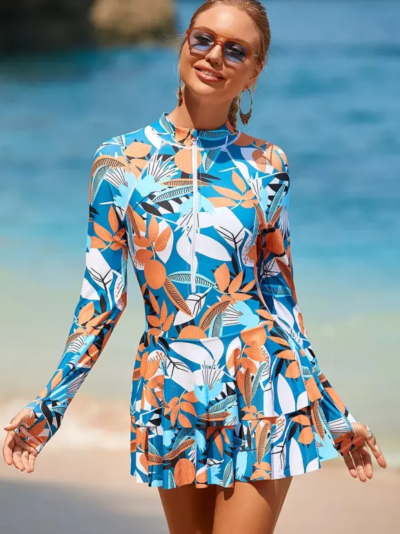 Floral Print Skirted Two Piece Long Sleeve Rash Guard