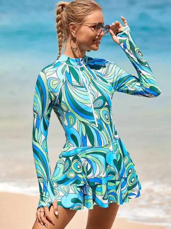Floral Print Skirted Two Piece Long Sleeve Rash Guard