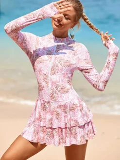 Floral Print Skirted Two Piece Long Sleeve Rash Guard