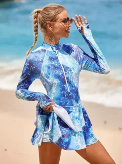 Floral Print Skirted Two Piece Long Sleeve Rash Guard