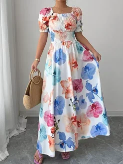 Floral Print Square Neck Maxi Dress For Women Elegant Summer Ready