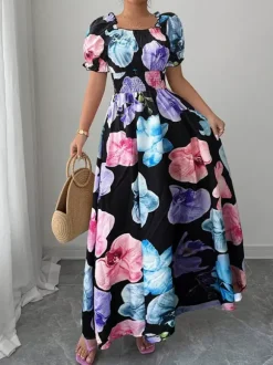 Floral Print Square Neck Maxi Dress For Women Elegant Summer Ready