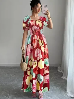 Floral Print Square Neck Maxi Dress For Women Elegant Summer Ready